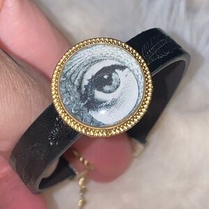 Fornasetti inspired Black Bracelet with Evil Eye leather strip Cuff
